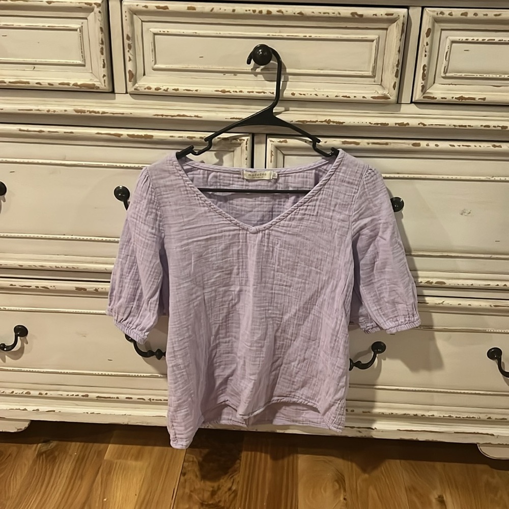 Mododoc Los Angeles light purple v neck top 1/2 puff sleeve women’s shirt